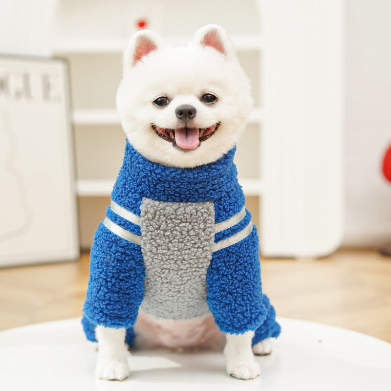 Trendy dog and cat clothes, autumn and winter thickened four-legged fleece sweater, double-sided fleece zipper, for pet dogs and hairless cats.